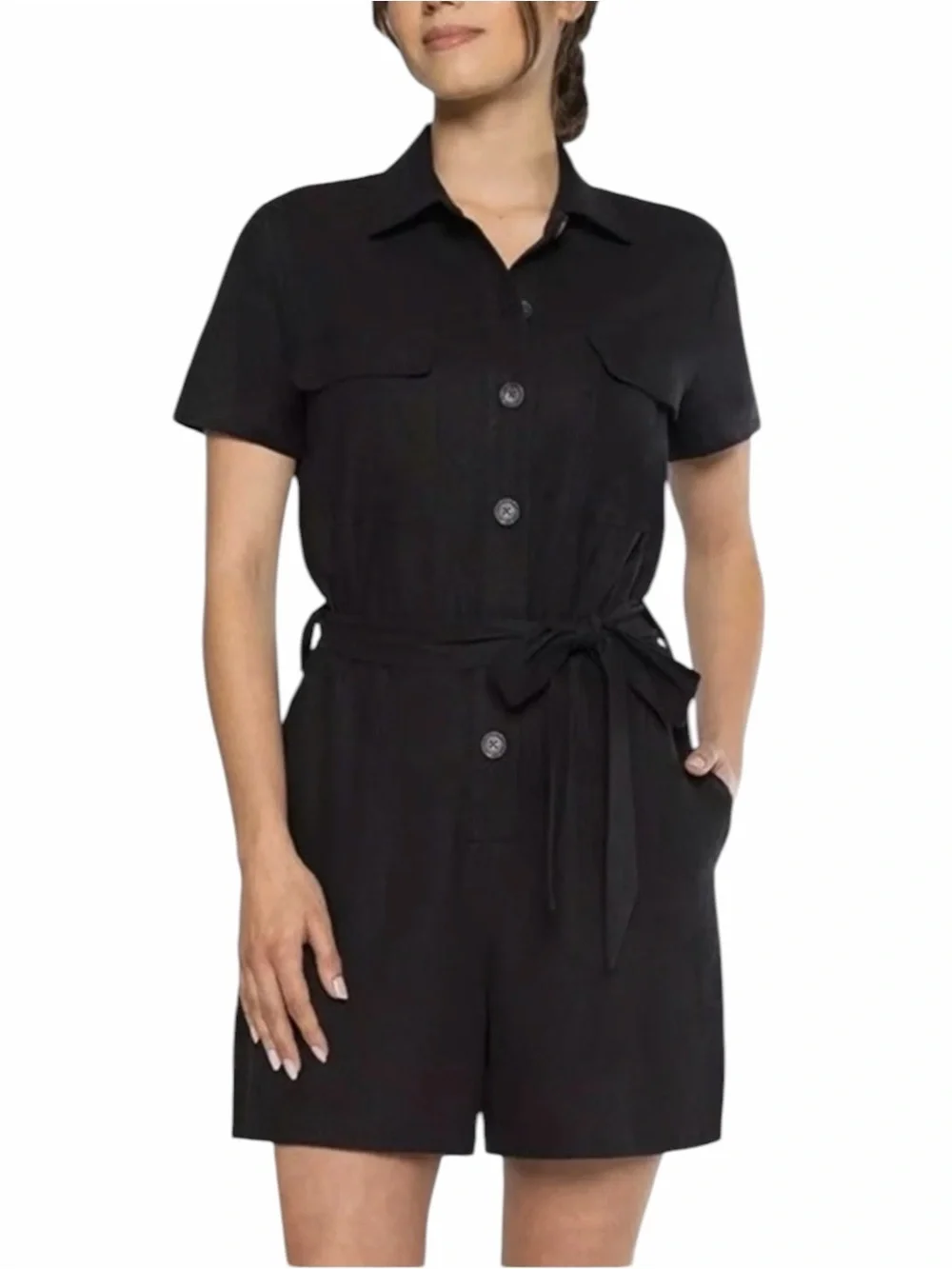 Matty M Black Linen Blend Tie-Waist Utility Romper Short Sleeve XL